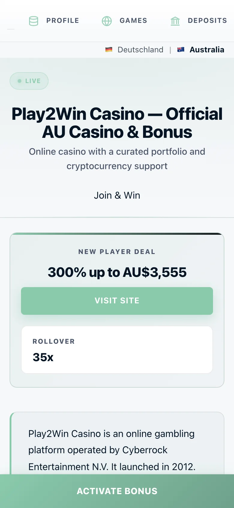 Play2Win Casino mobile lobby screenshot